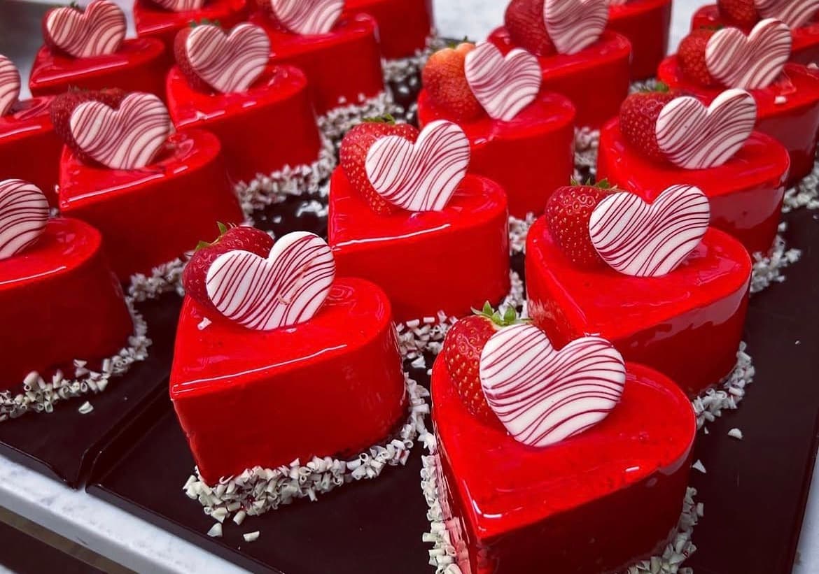 Heart-shaped mini cakes with a red glaze