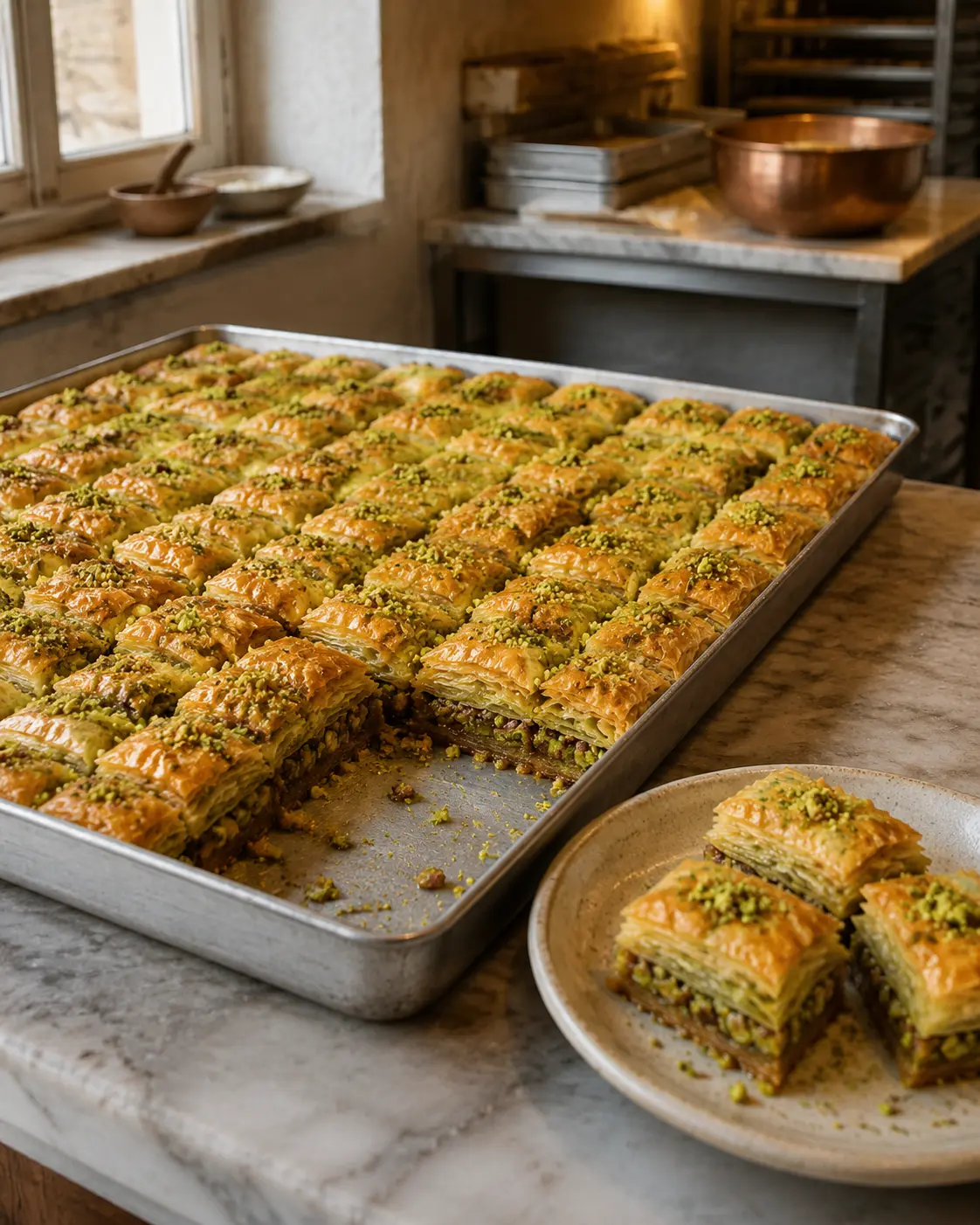 Tray of pistachio baklava in a pastry kitchen