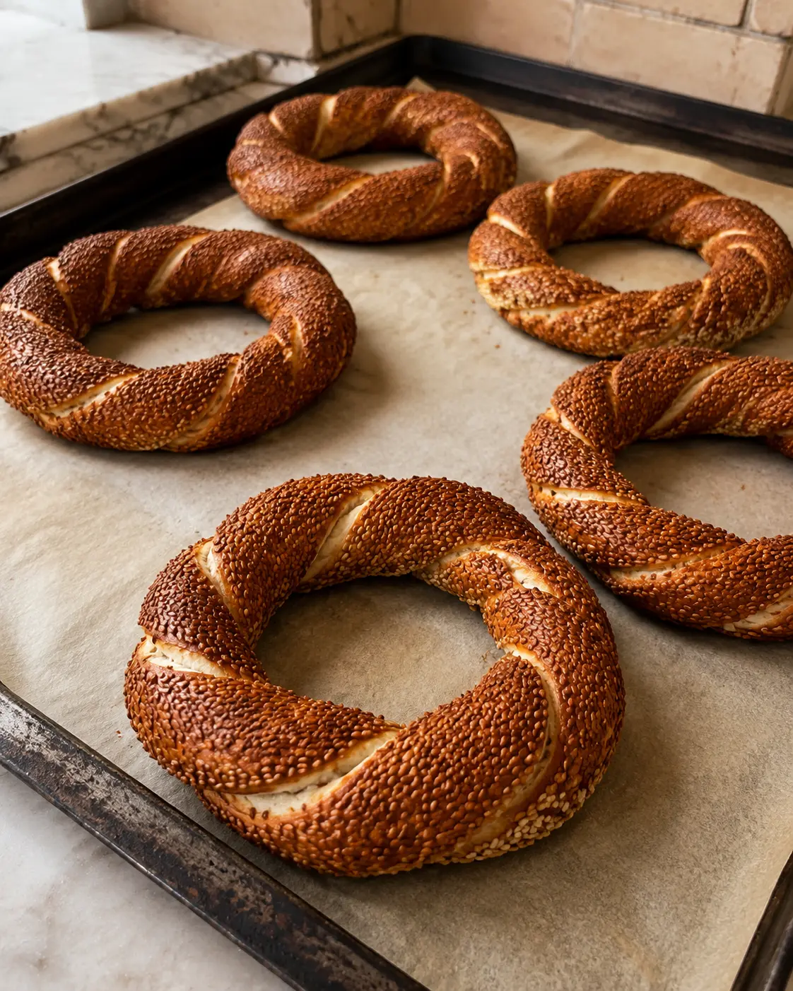 Freshly baked sesame simit on a bakery tray
