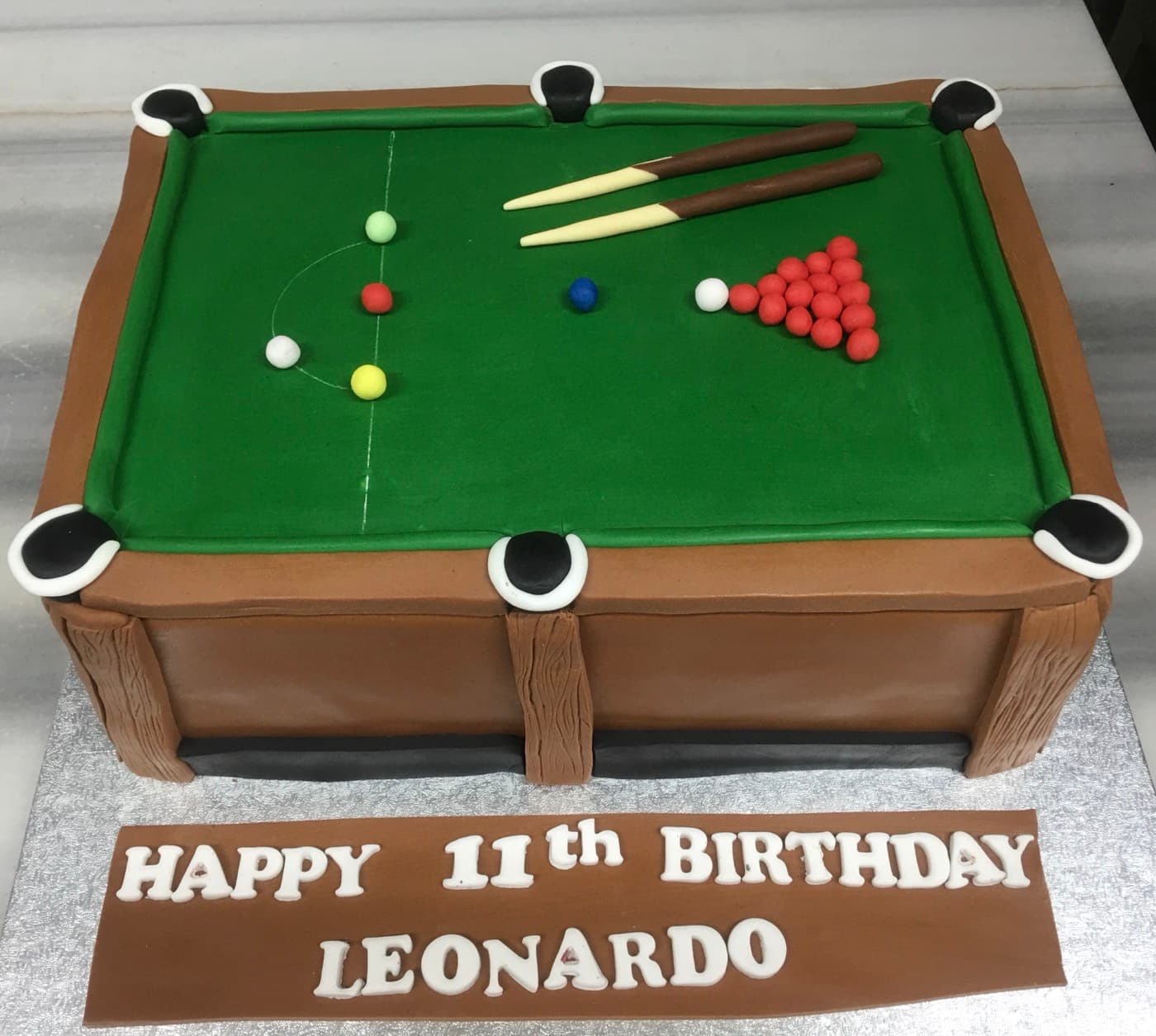 Cake sculpted to look like a snooker table